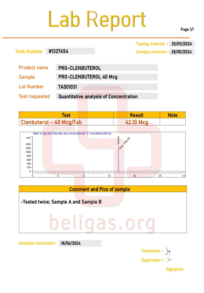 Labtest for Beligas Pro-Clenbuterol Extra