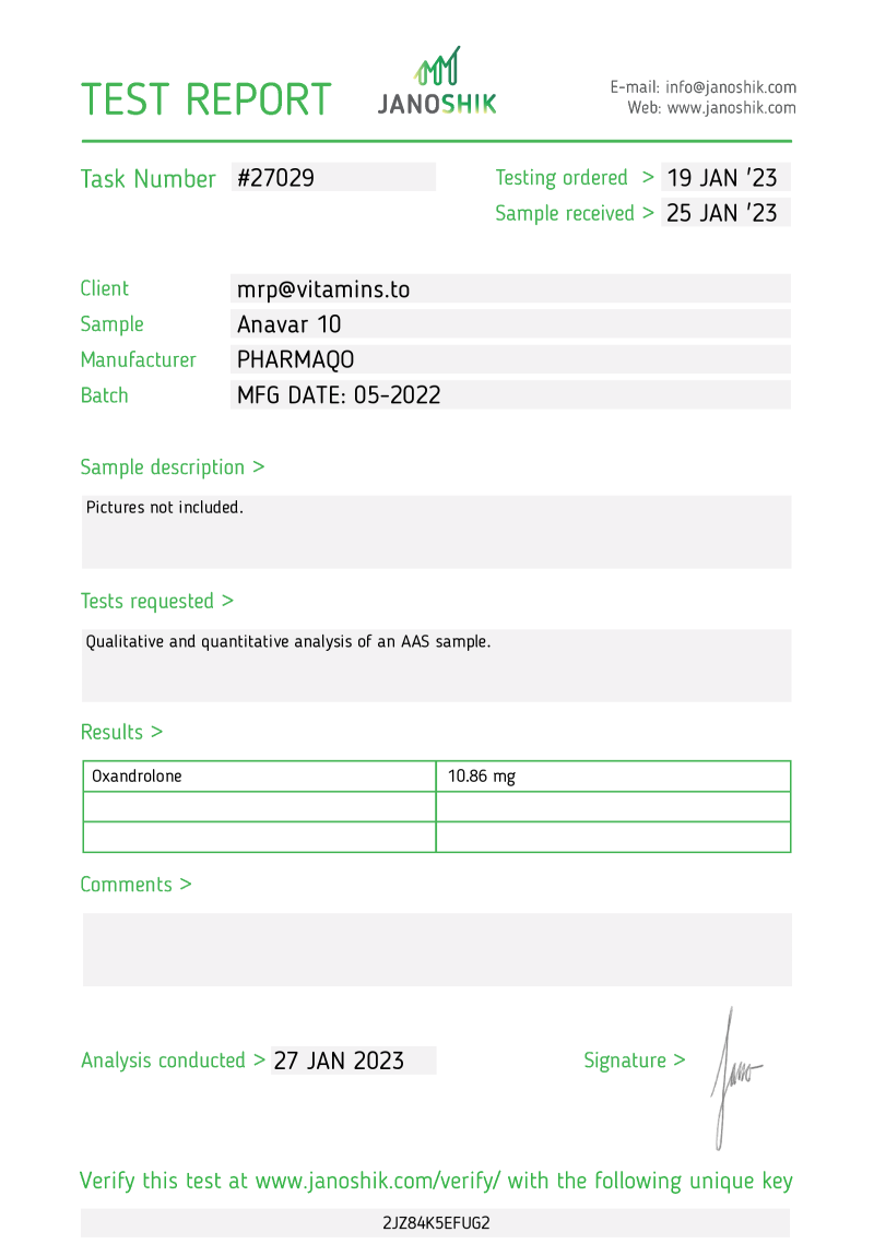 Labtest for Pharmaqo – Anavar 10mg