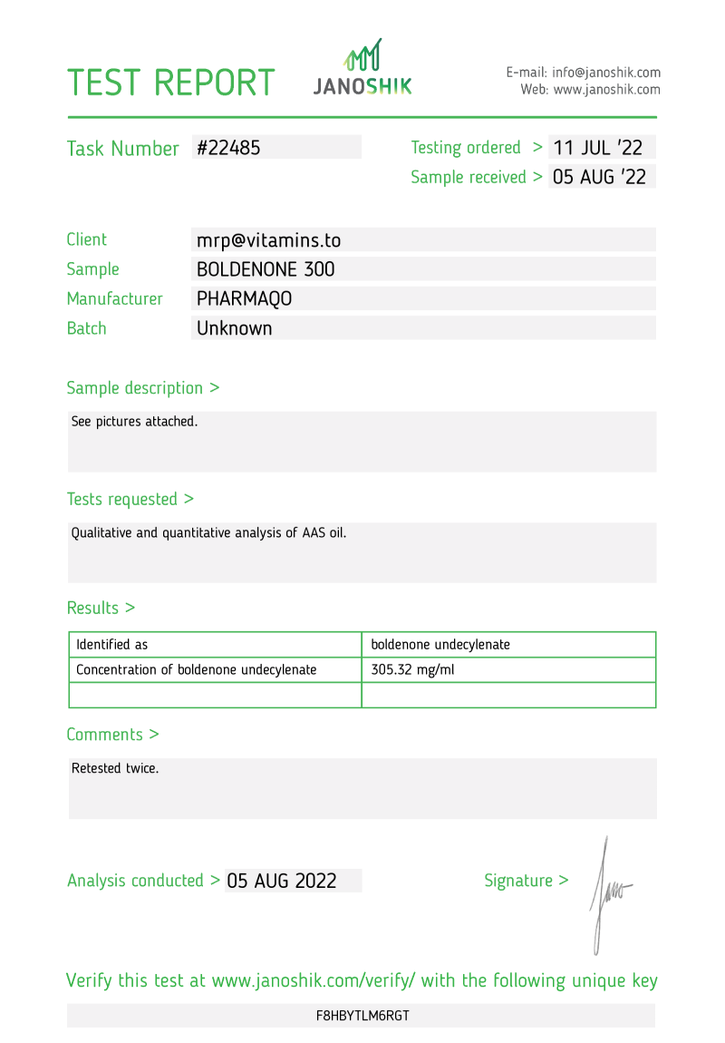 Labtest for Pharmaqo – Boldenone 300