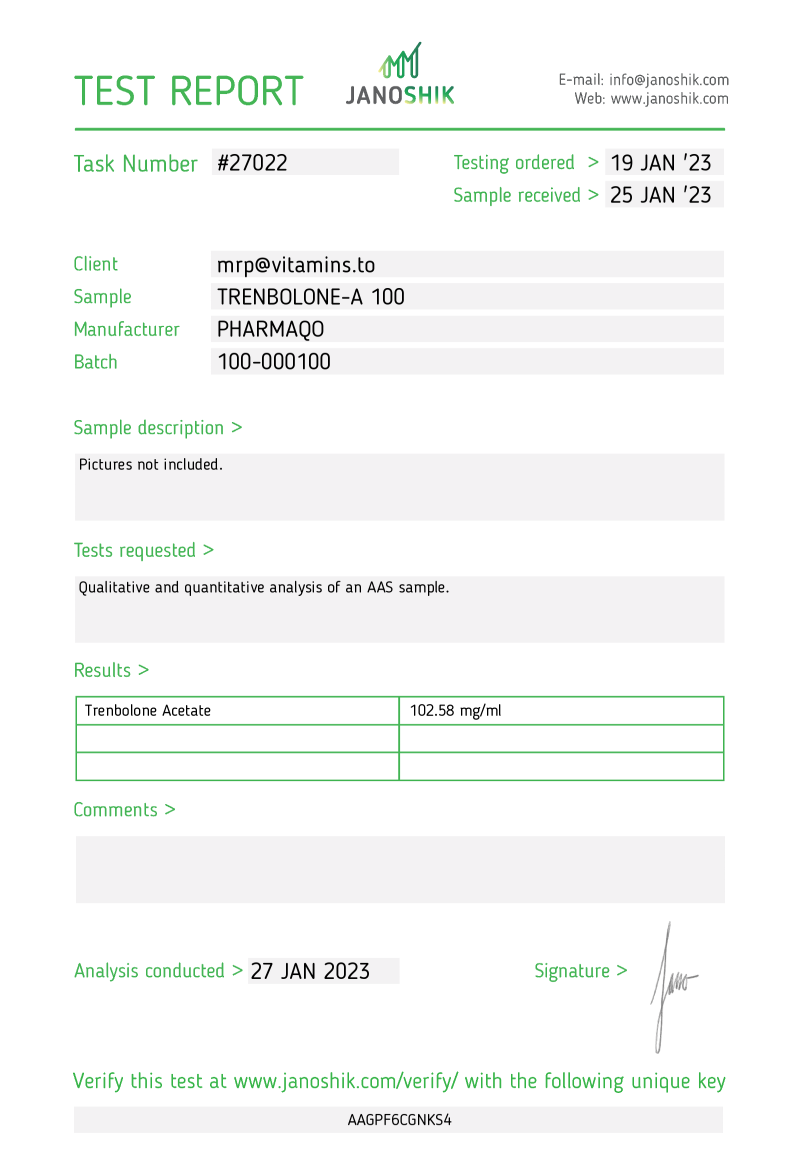 Labtest for Pharmaqo – Trenbolone A 100