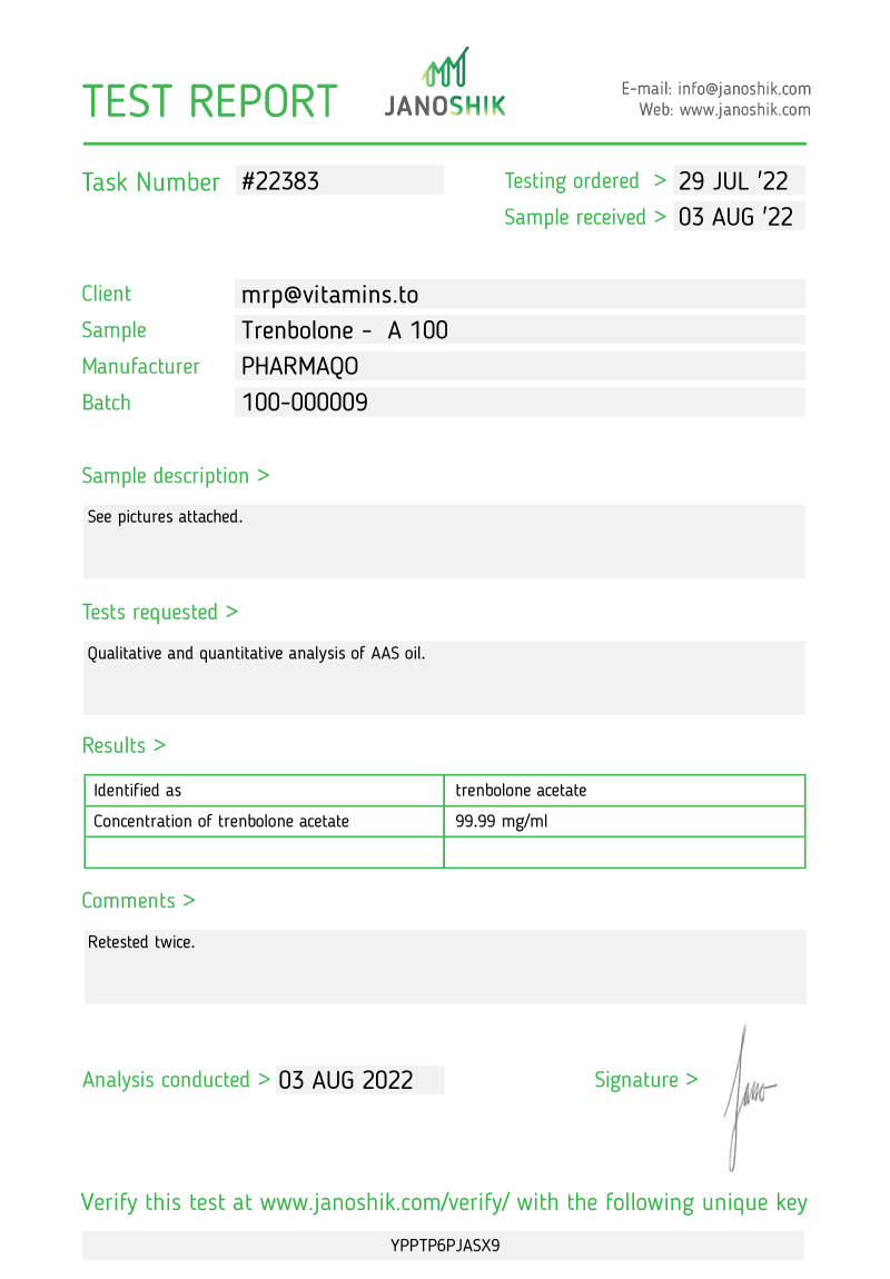 Labtest for Pharmaqo – Trenbolone A 100