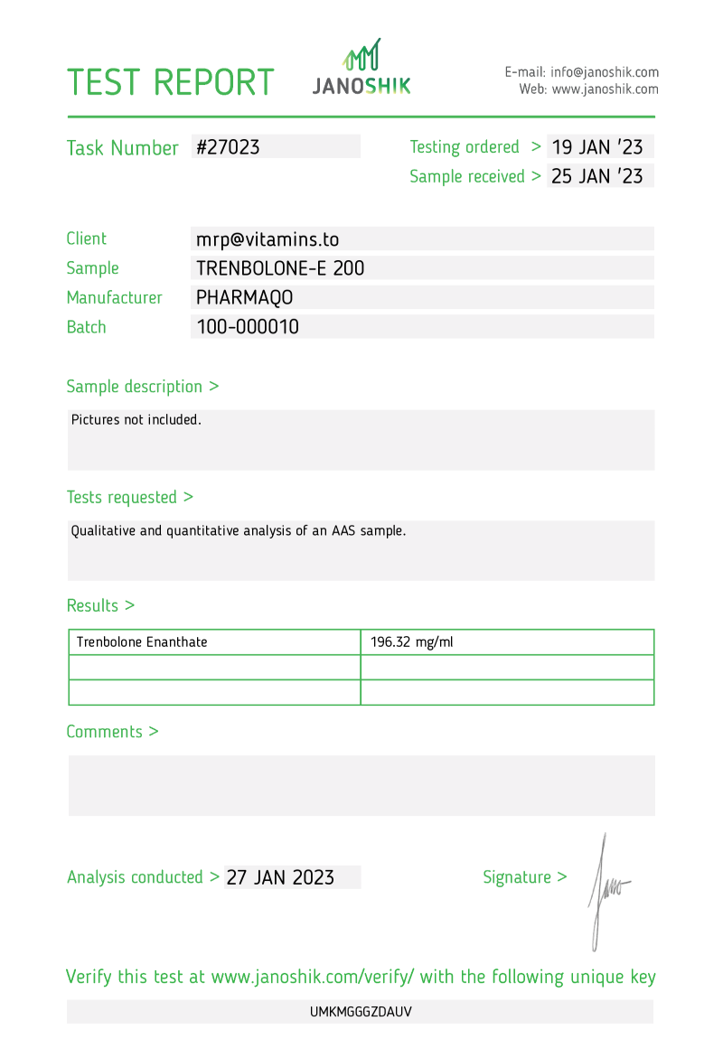 Labtest for Pharmaqo – Trenbolone-E 200