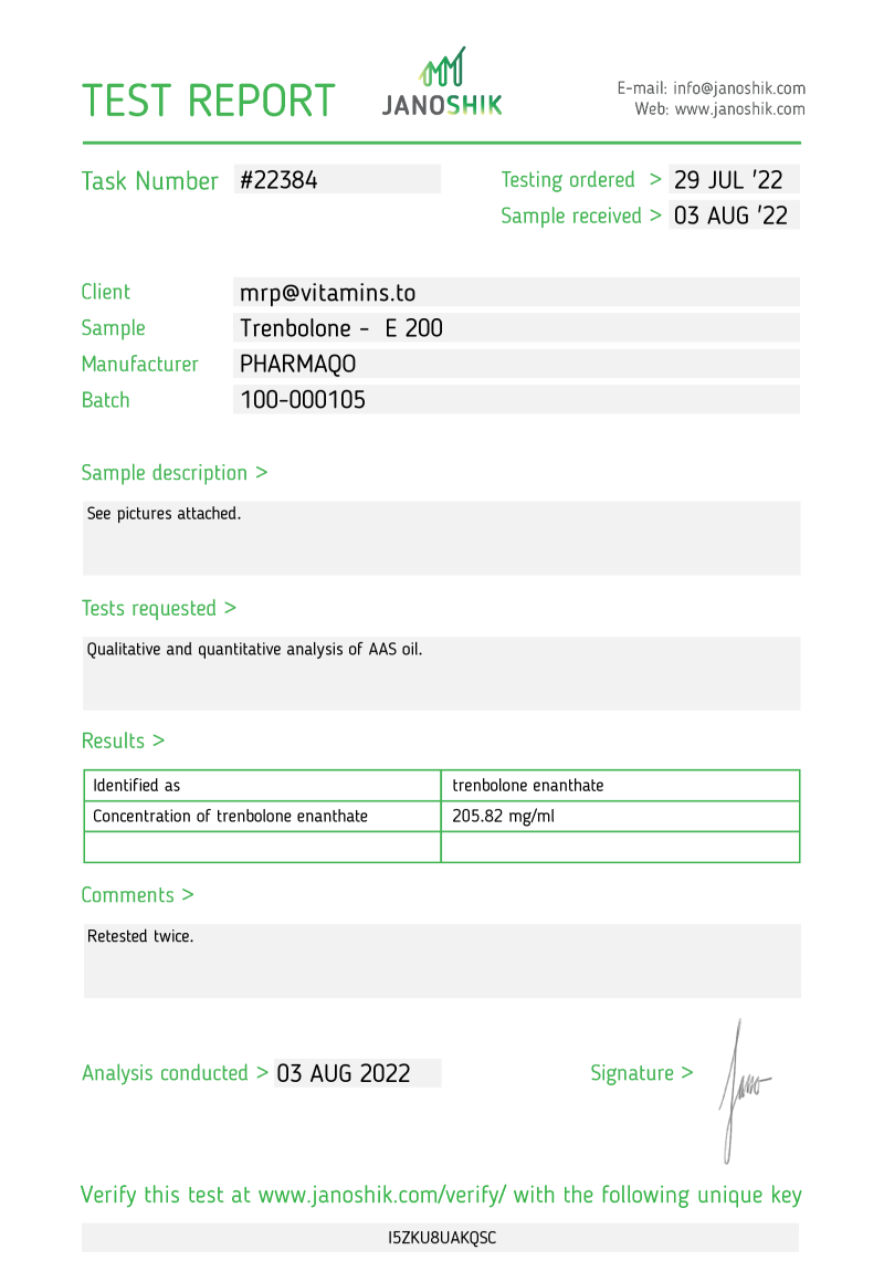 Labtest for Pharmaqo – Trenbolone-E 200