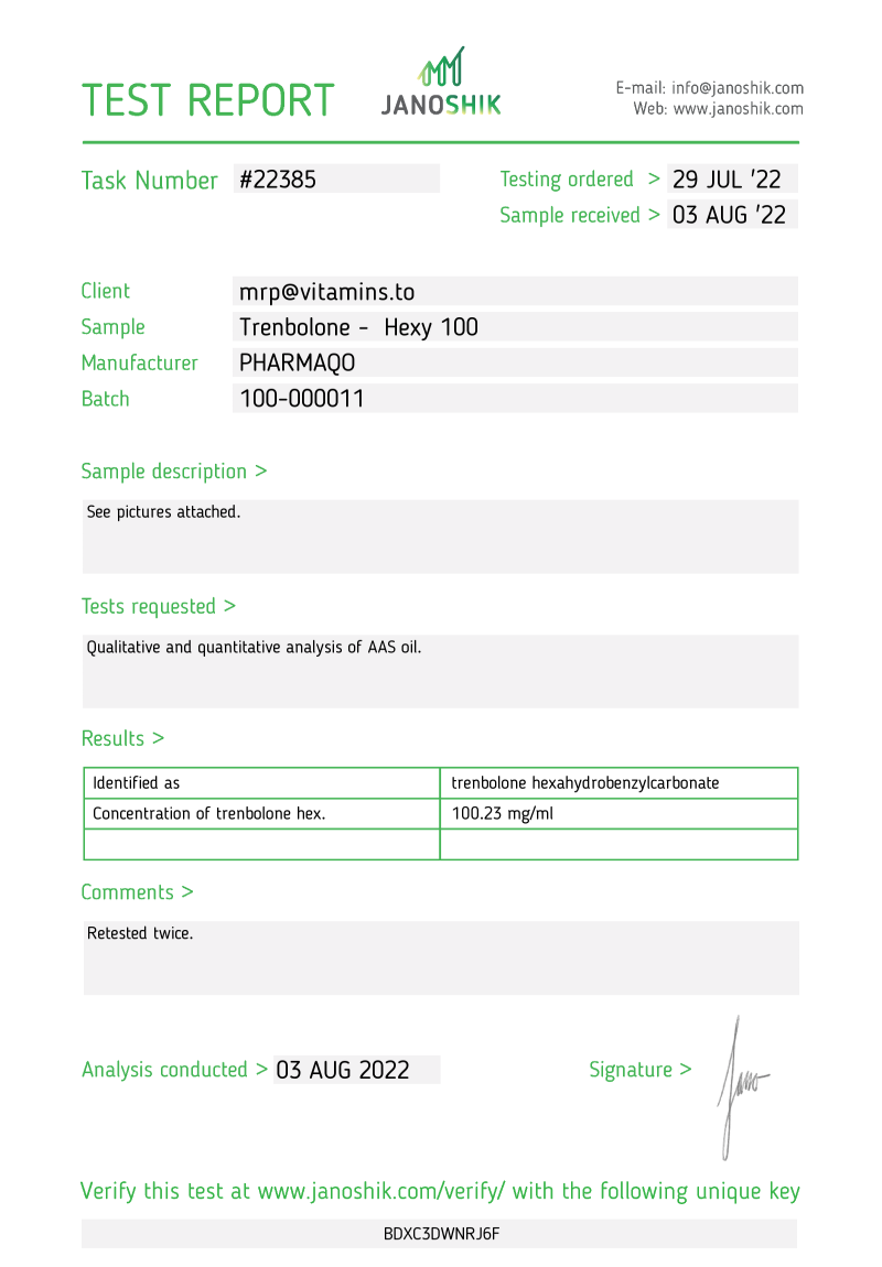 Labtest for Pharmaqo – Trenbolone-Hexy 100