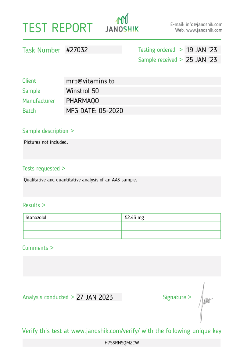 Labtest for Pharmaqo – Winstrol 50mg