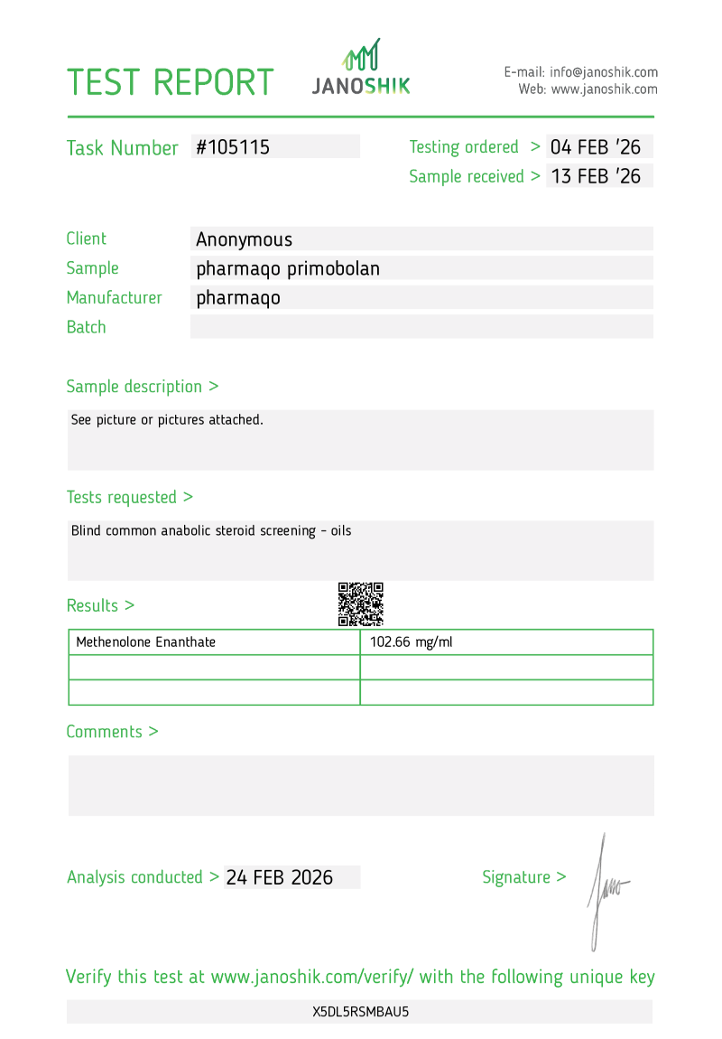 Labtest for Pharmaqo – Primobolan Depot 100