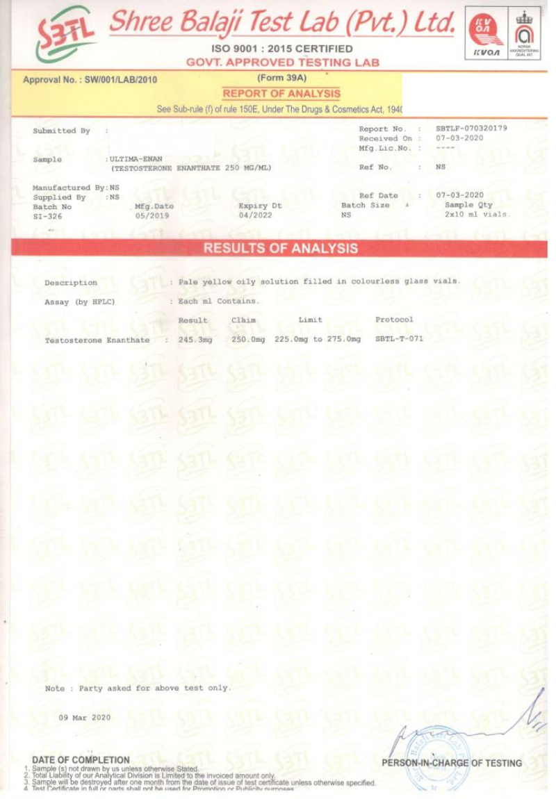 Labtest for Ultima-Enan 250