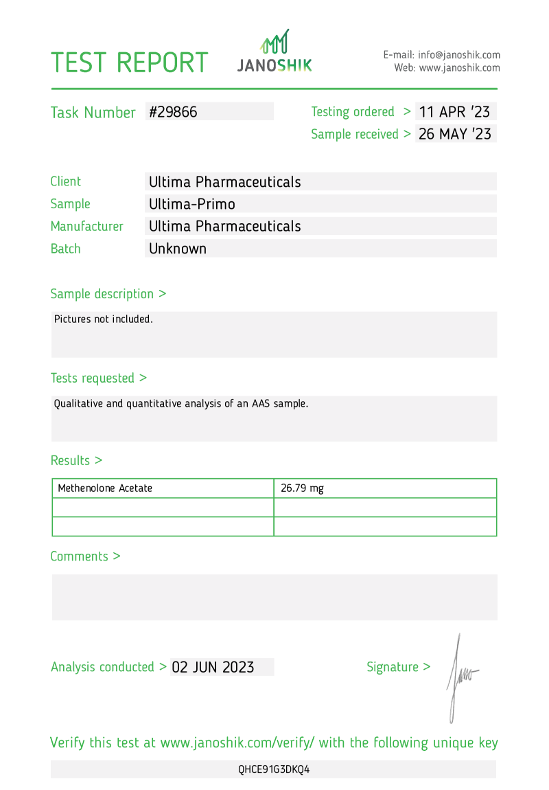 Labtest for Ultima-Primo Tabs 25